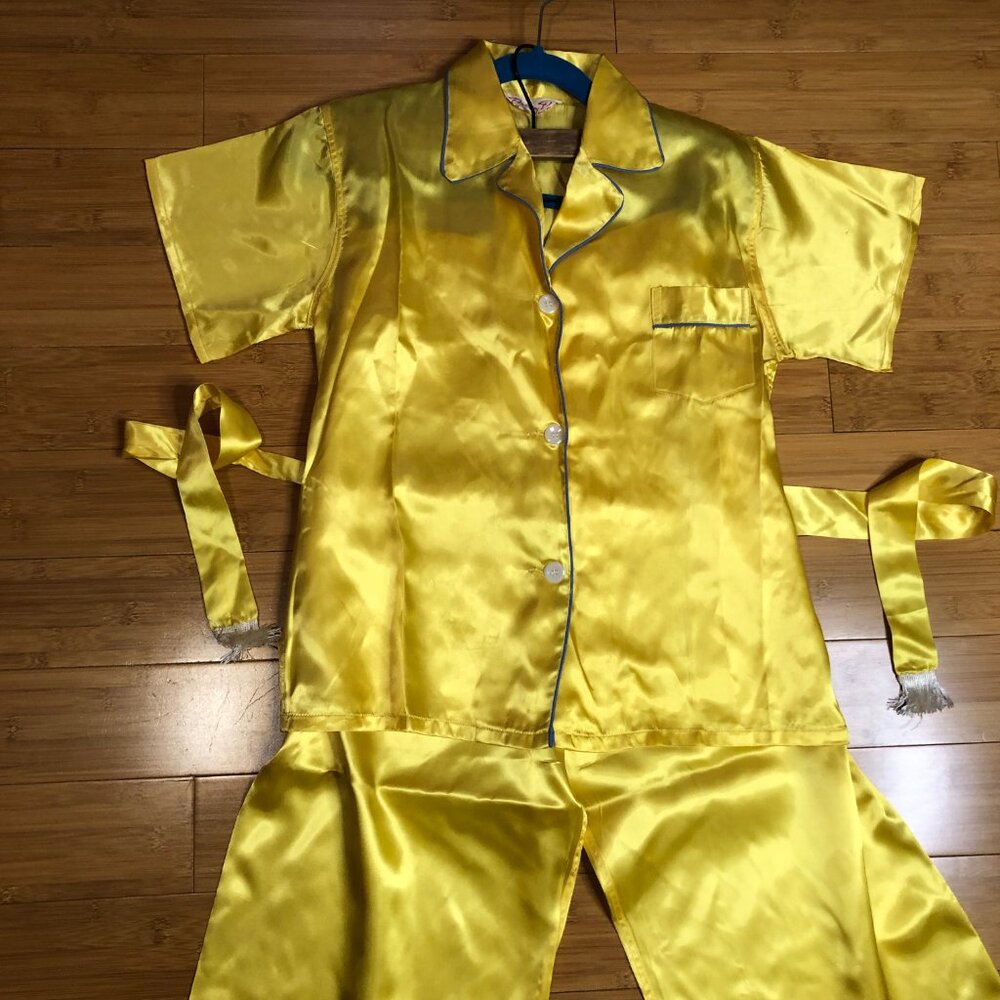 Vintage Daisy Yellow Satin Pajamas Petite XS S High Waisted Retro Easter Egg - Picture 4 of 14